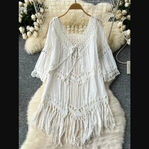 White Crochet Fringe Swim Cover-Up Tunic